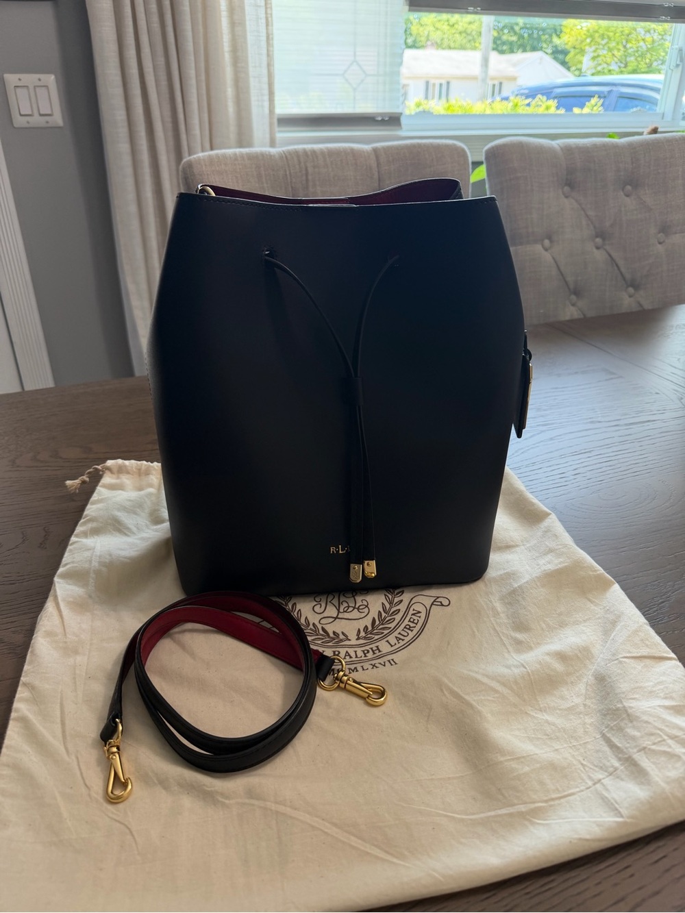 Ralph Lauren Black Leather Drawstring Bucket Bag with Red Lining